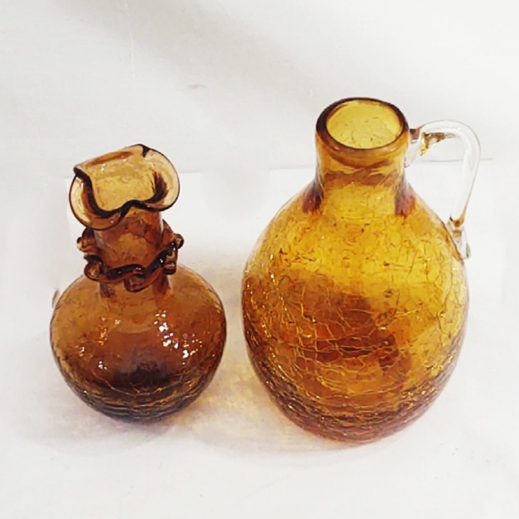 Vintage Mid-Century Modern Pilgrim Amber Crackle Glass Pitcher and Vase - Picture 14 of 14